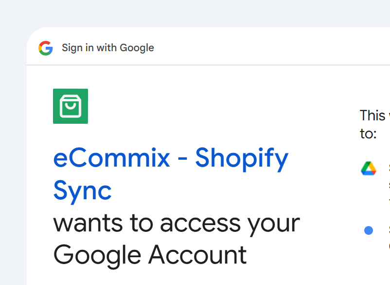 Google sign-in screen asking to connect eCommix to a Google account