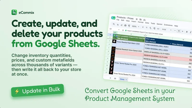 Google Sheets showing product prices being bulk edited and synced to Shopify