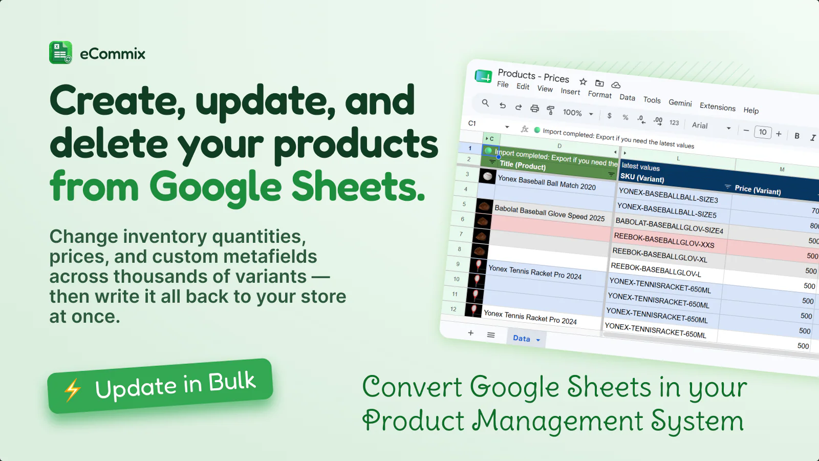 Google Sheets showing product prices being bulk edited and synced to Shopify