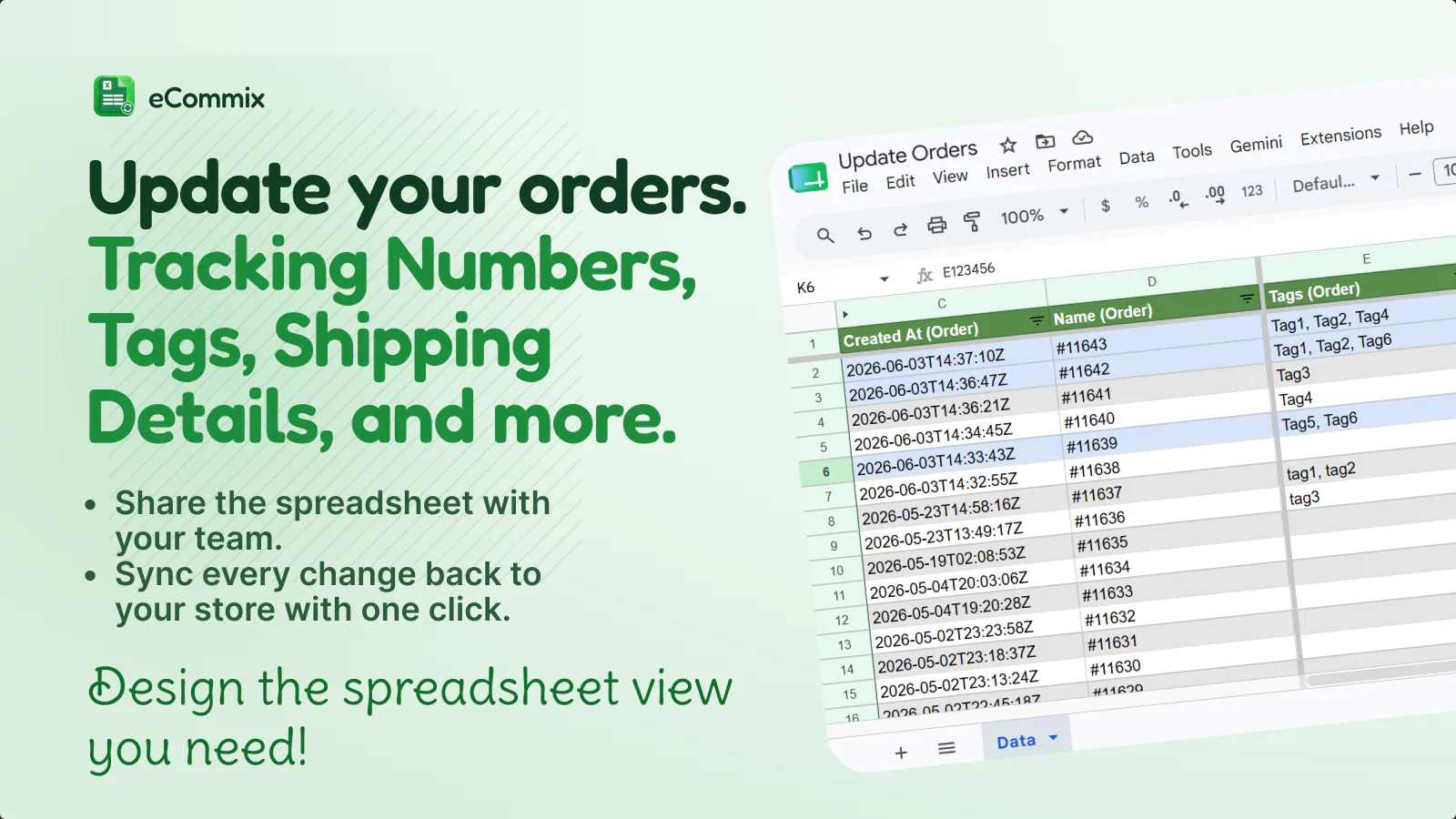 Google Sheets showing order tracking with fulfillment columns synced to Shopify