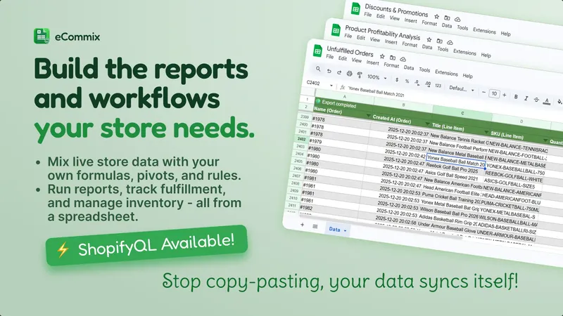 Multiple Google Sheets tabs showing Shopify reports and unfulfilled orders