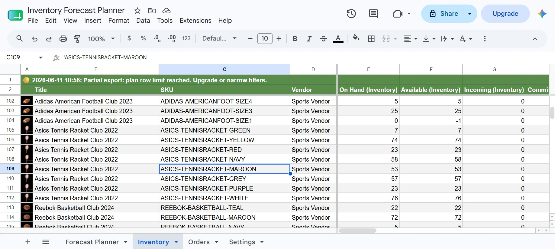 Inventory sheet in Google Sheets with on-hand, available, incoming, and committed columns synced from Shopify