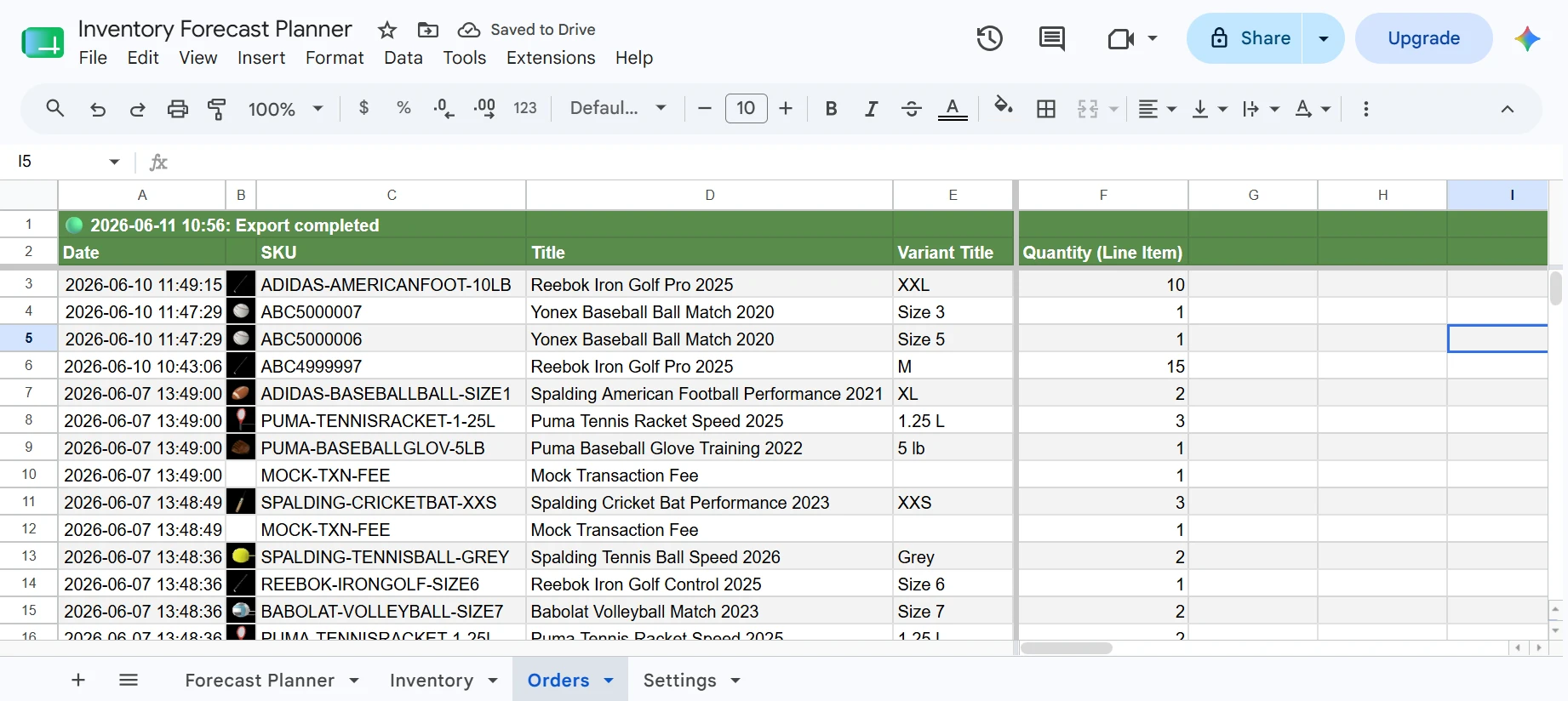 Orders sheet in Google Sheets showing 90 days of Shopify order line items with SKU, title, variant, and quantity columns