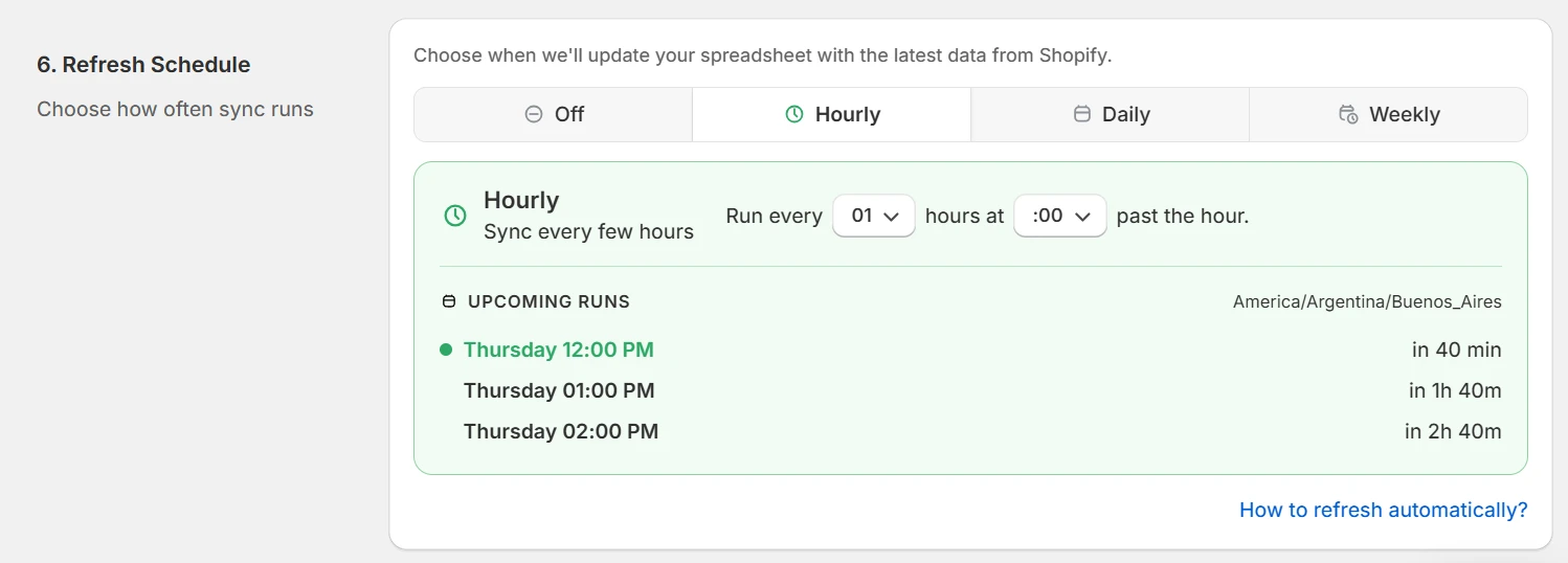 eCommix refresh schedule set to hourly, showing upcoming sync runs at 12:00 PM, 1:00 PM, and 2:00 PM