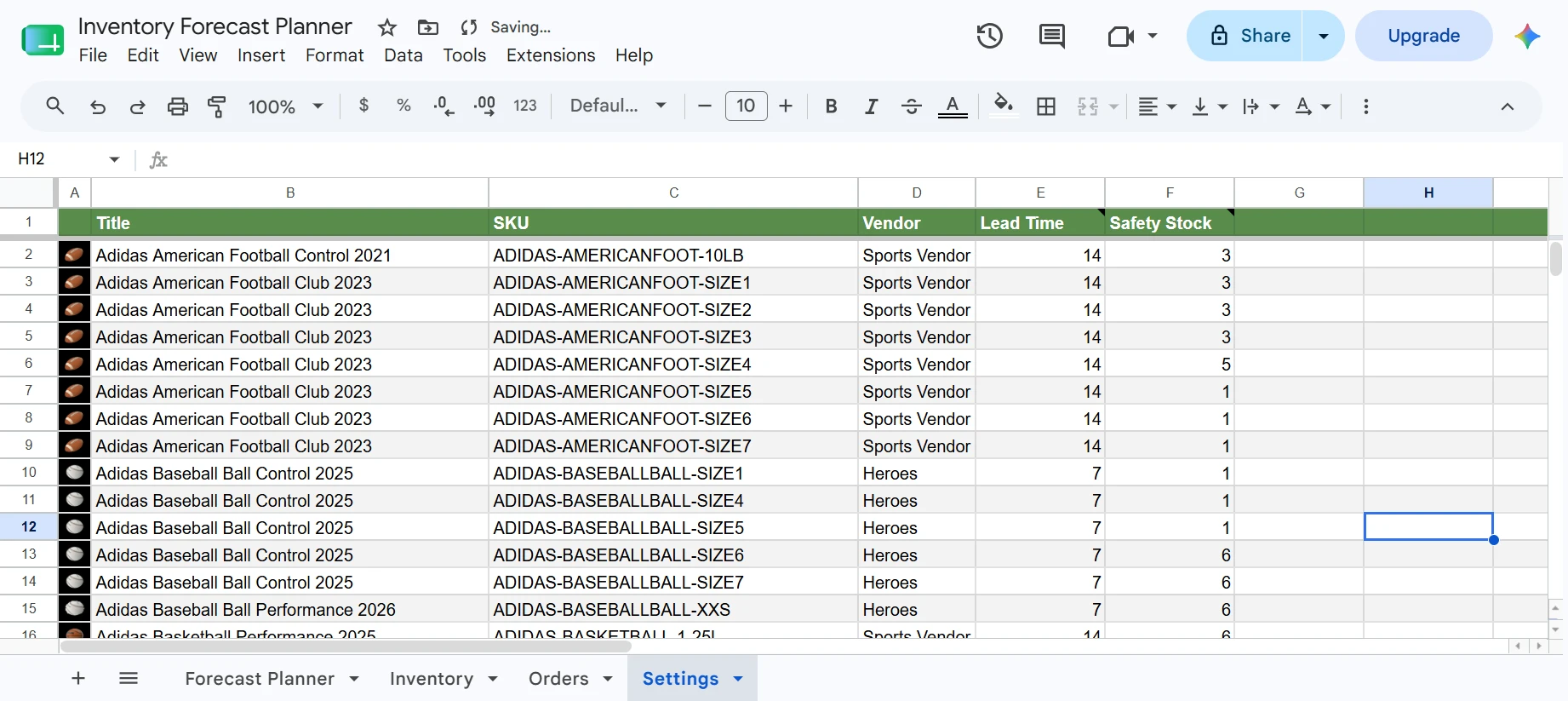 Settings sheet in Google Sheets with lead time and safety stock columns editable per SKU