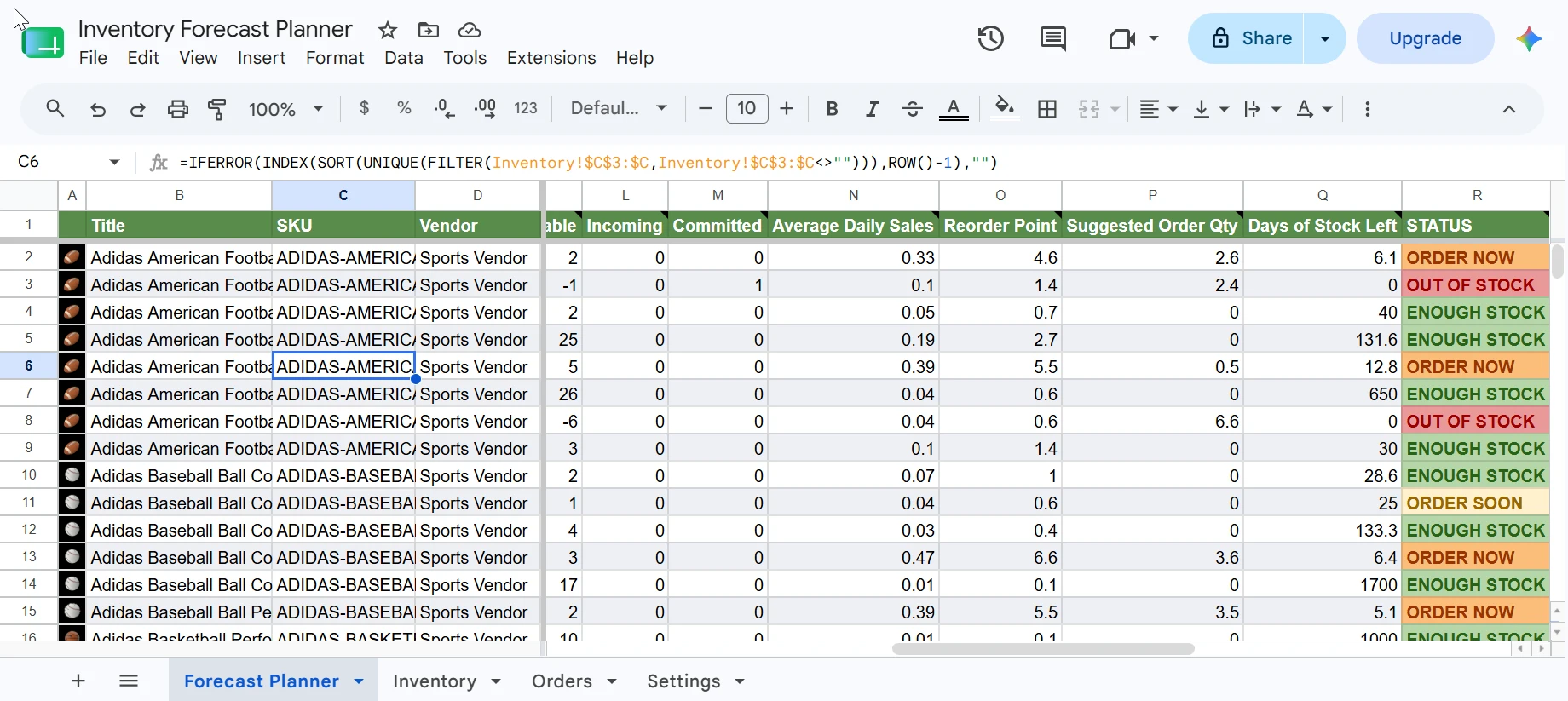 Inventory Forecast Planner sheet in Google Sheets showing SKUs with reorder point, suggested order quantity, days of stock left, and colour-coded STATUS column