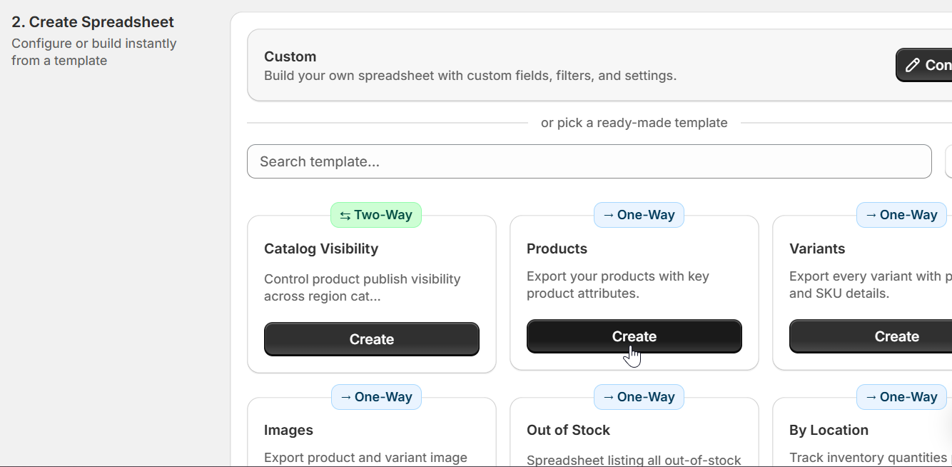 Preset selection screen in eCommix showing spreadsheet templates such as Products and Variants