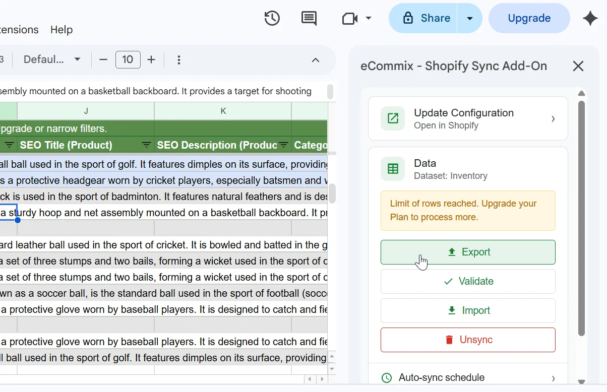 eCommix add-on export options open in the Google Sheets sidebar