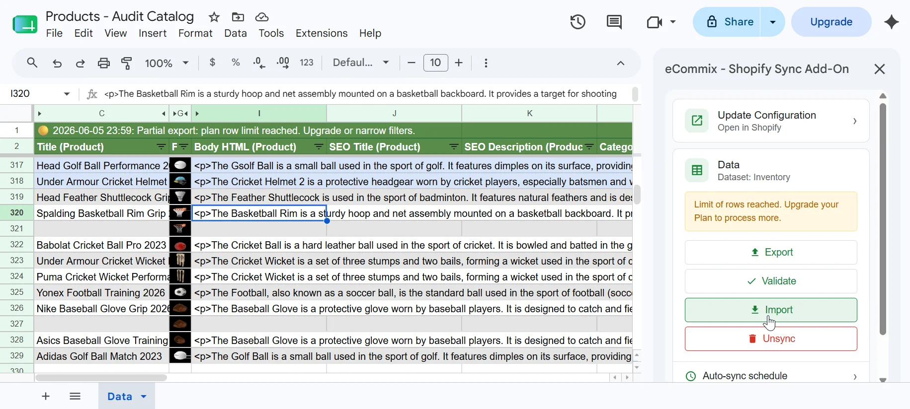 eCommix Shopify Sync add-on sidebar open inside Google Sheets with a product spreadsheet