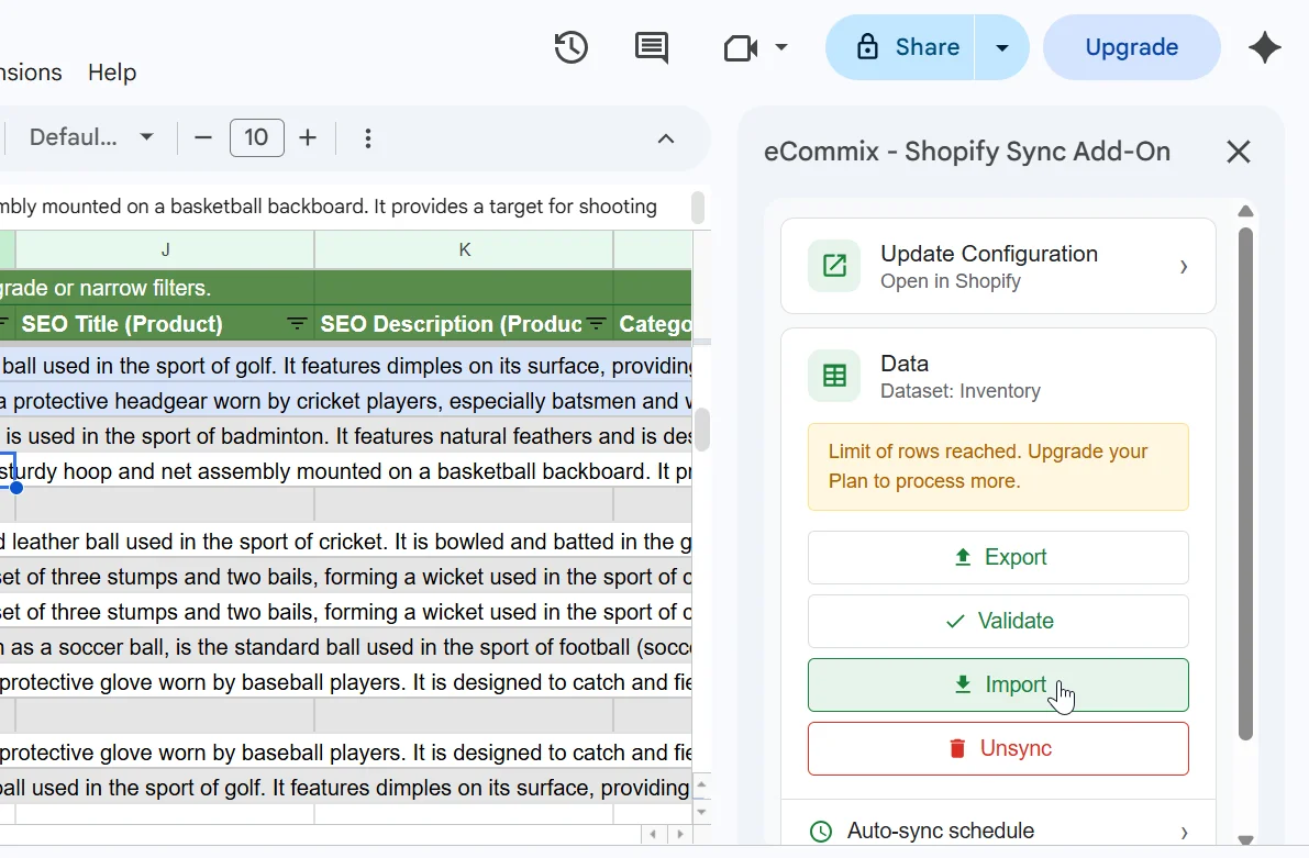 eCommix add-on import flow open in the Google Sheets sidebar