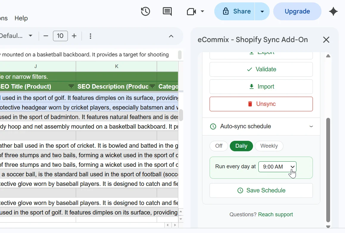 eCommix add-on auto-sync schedule settings open in the Google Sheets sidebar