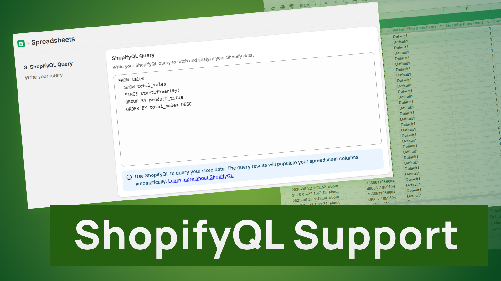 ShopifyQL query editor in eCommix for extracting custom Shopify data into a spreadsheet