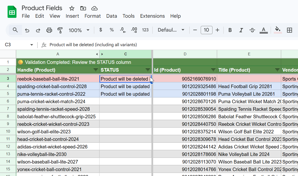 Google Sheets validation view in eCommix showing status values before syncing changes to Shopify