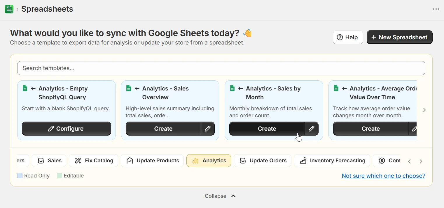 eCommix analytics template picker showing ShopifyQL presets including Sales Overview, Sales by Product, and Top Customers by LTV