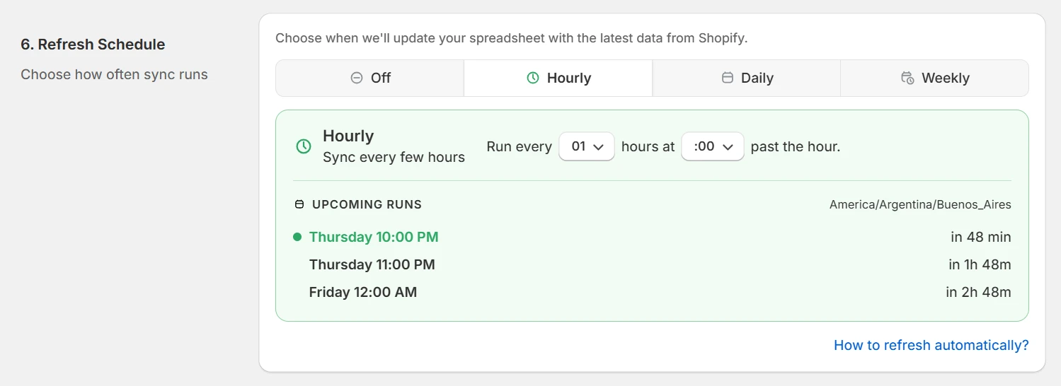 eCommix schedule settings showing hourly, daily, and weekly refresh options for automatic Shopify data sync