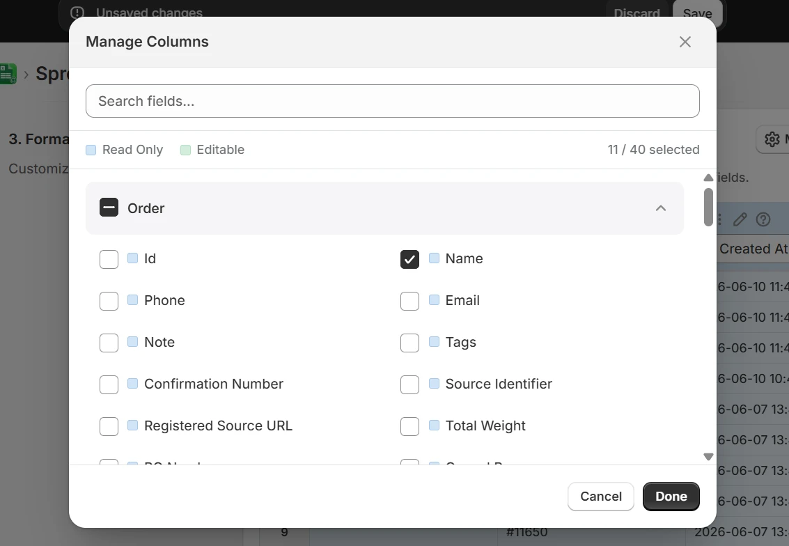 eCommix field picker for orders export showing 100+ available fields including customer, line item, financial, and fulfillment columns