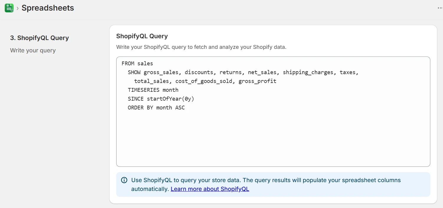 eCommix ShopifyQL query editor showing a FROM sales SHOW total_sales query with GROUP BY month clause