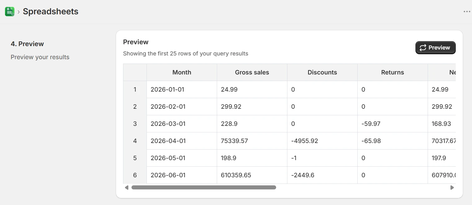 eCommix ShopifyQL results preview panel showing returned columns and sample rows before committing the export