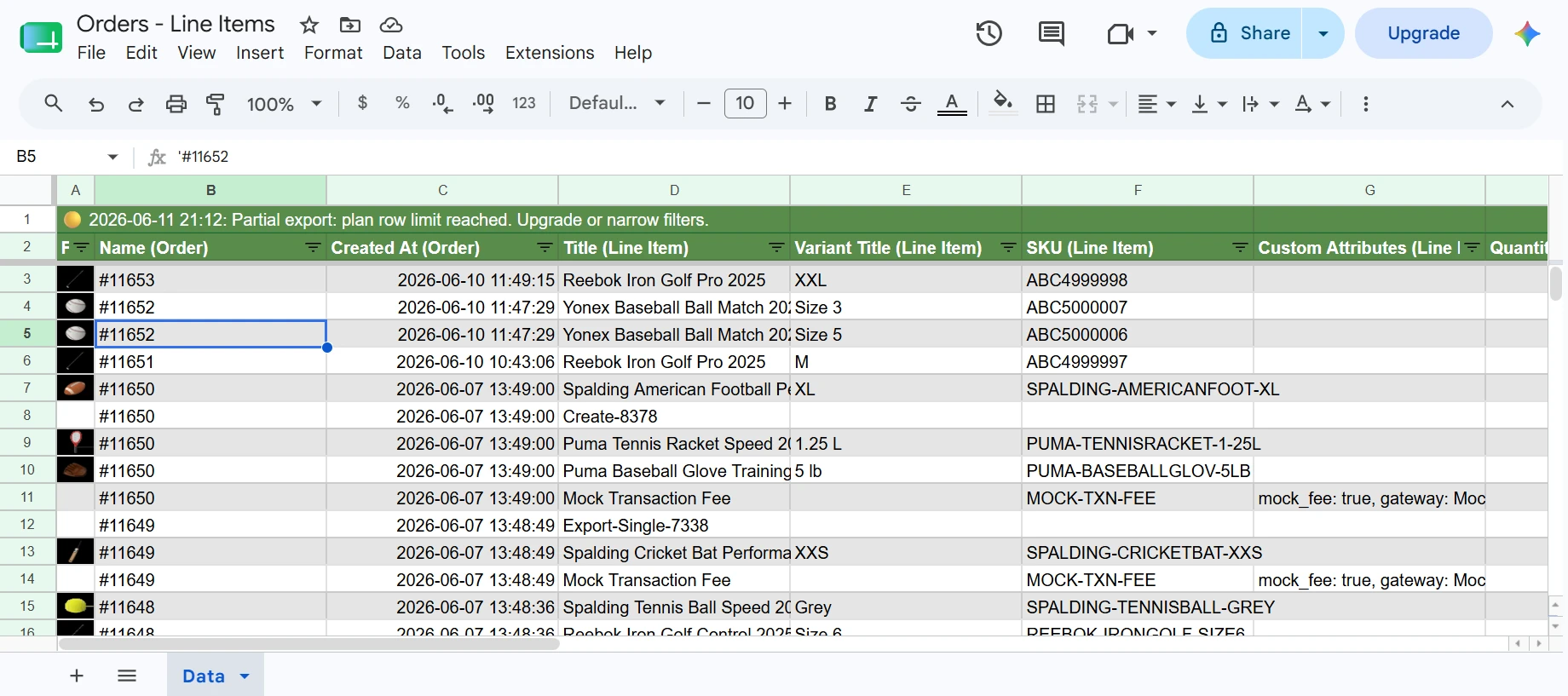 Shopify orders exported to Google Sheets with banded rows, frozen header, and auto-filters showing order name, customer, total price, and fulfillment status