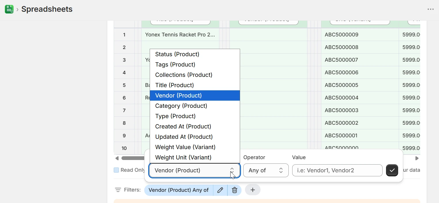 eCommix filter setup showing Vendor (Product) selected with Any of operator, with Status, Tags, Collections, Title, Category, and Type also available as filter options