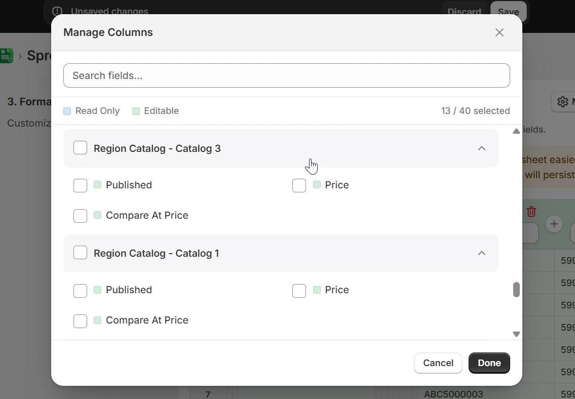 Manage Columns dialog showing Region Catalog 3 and Region Catalog 1 each with Published, Price, and Compare At Price fields available to add