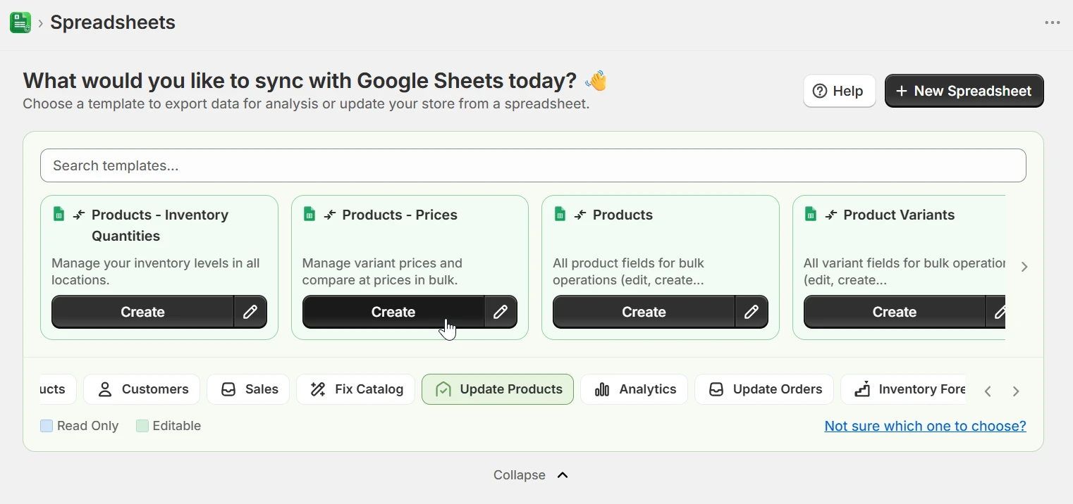 eCommix template browser showing Products - Inventory Quantities and Products - Prices templates under the Update Products category