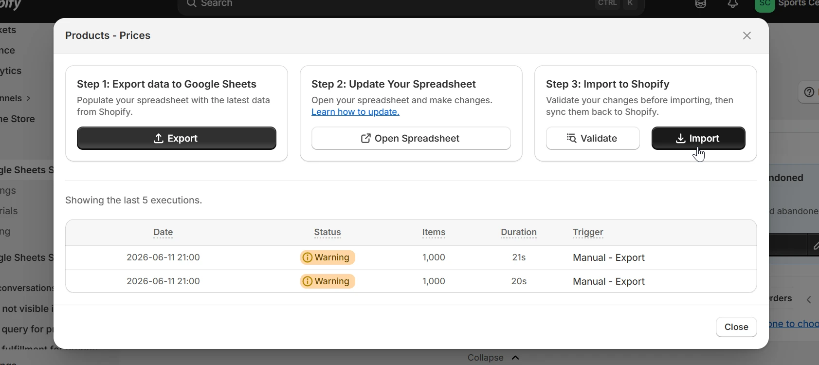 eCommix Products - Prices modal showing the three-step flow: Export to Google Sheets, Update Spreadsheet, Import to Shopify