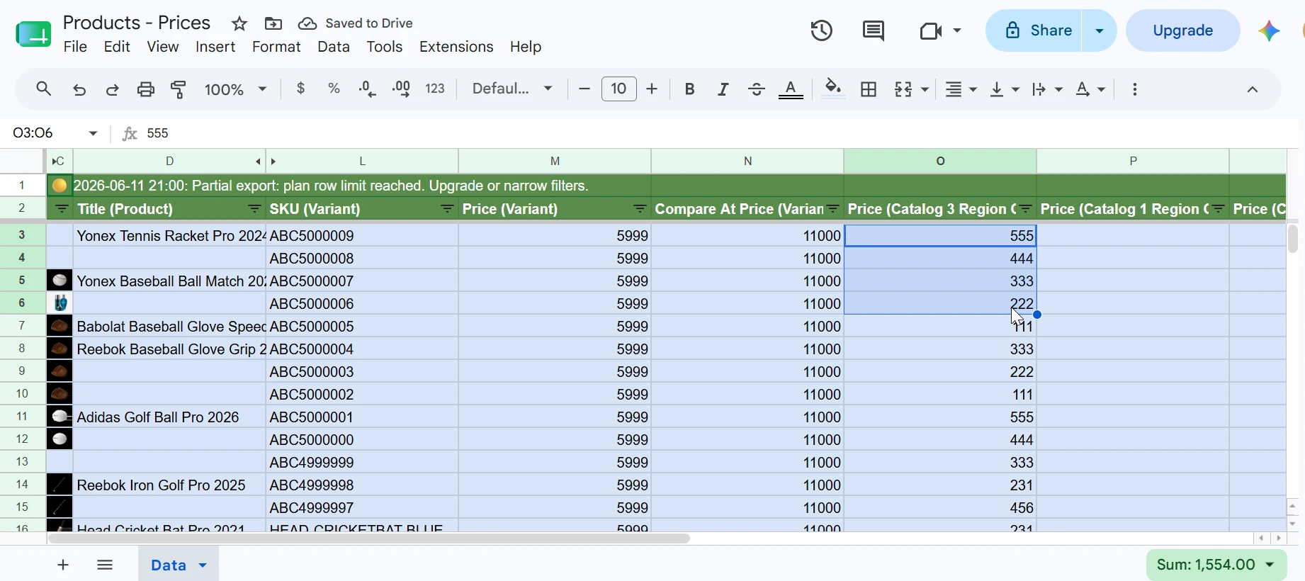 Google Sheets Products - Prices spreadsheet showing SKU, Price, Compare At Price, and Region Catalog price columns for bulk editing