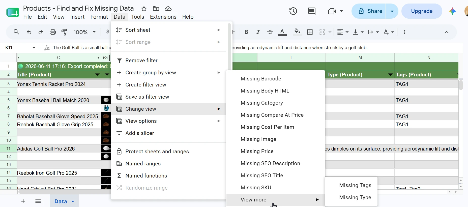 Google Sheets Data menu open showing pre-built filter views including Missing SEO Title, Missing Price, Missing Body HTML, and Missing Image