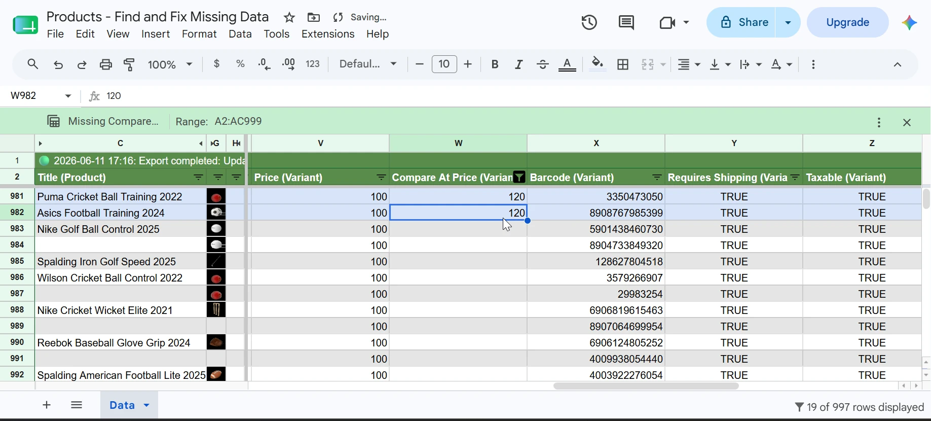 Google Sheets filtered to Missing Compare At Price view showing 19 of 997 rows with price filled but compare-at price column empty