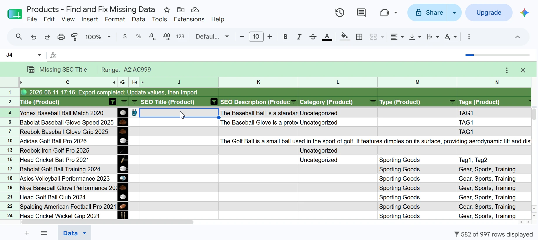 Google Sheets filtered to Missing SEO Title view showing 582 of 997 products with blank SEO title and meta description fields