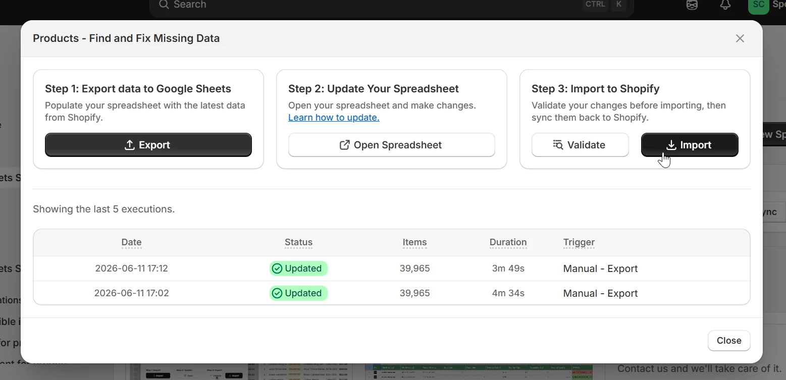 eCommix three-step flow showing Export to Google Sheets, Update Spreadsheet, and Import to Shopify with execution history showing Updated status