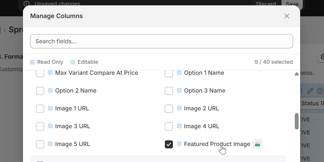 Manage Columns modal showing Featured Product Image field with image icon