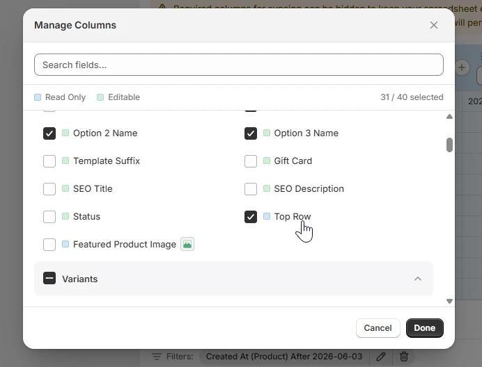 Manage Columns modal with the Top Row field selected