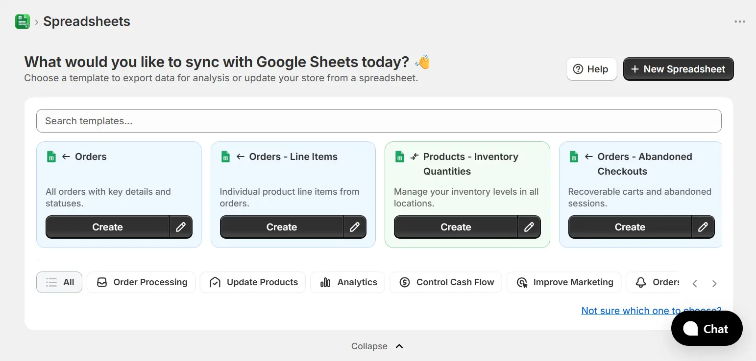 eCommix home page showing templates and New Spreadsheet button
