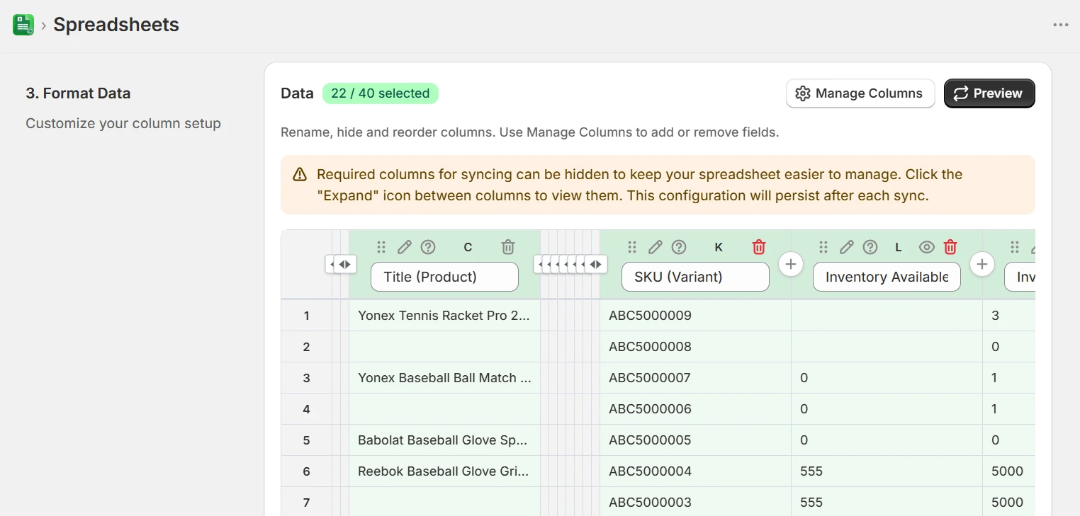 eCommix Format Data step showing Title, SKU, and Inventory Available columns with live row preview