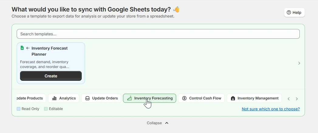 eCommix template browser showing the Inventory Forecast Planner template under the Inventory Forecasting category