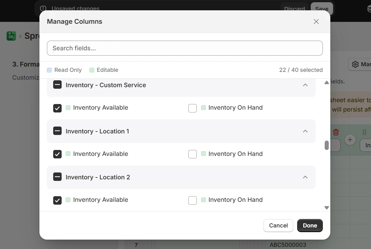 Manage Columns dialog showing Inventory Available columns for Custom Service, Location 1, and Location 2 all checked