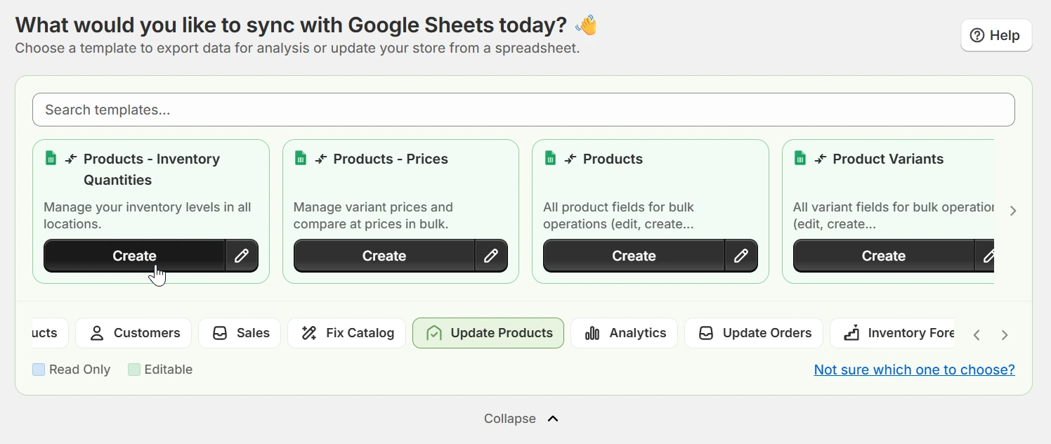 eCommix template browser showing Products - Inventory Quantities as the first card under Update Products