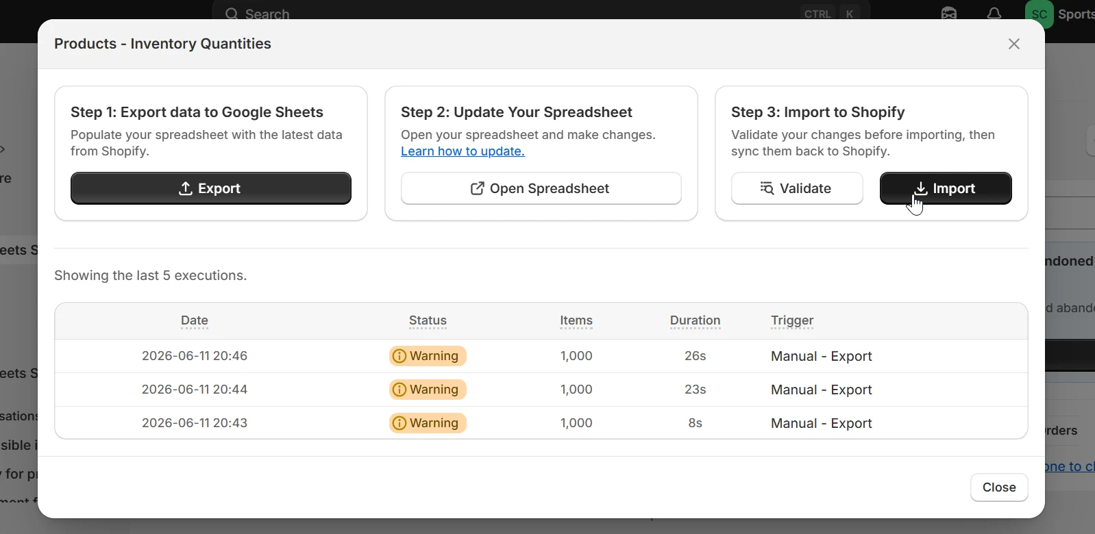 eCommix Products - Inventory Quantities modal showing the three-step flow: Export to Google Sheets, Update Spreadsheet, Import to Shopify