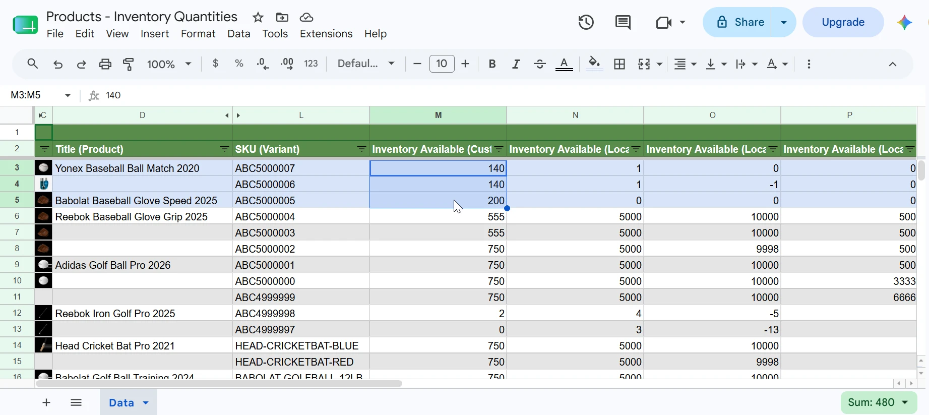 Google Sheets Products - Inventory Quantities spreadsheet showing SKU and per-location Inventory Available columns with stock levels being edited