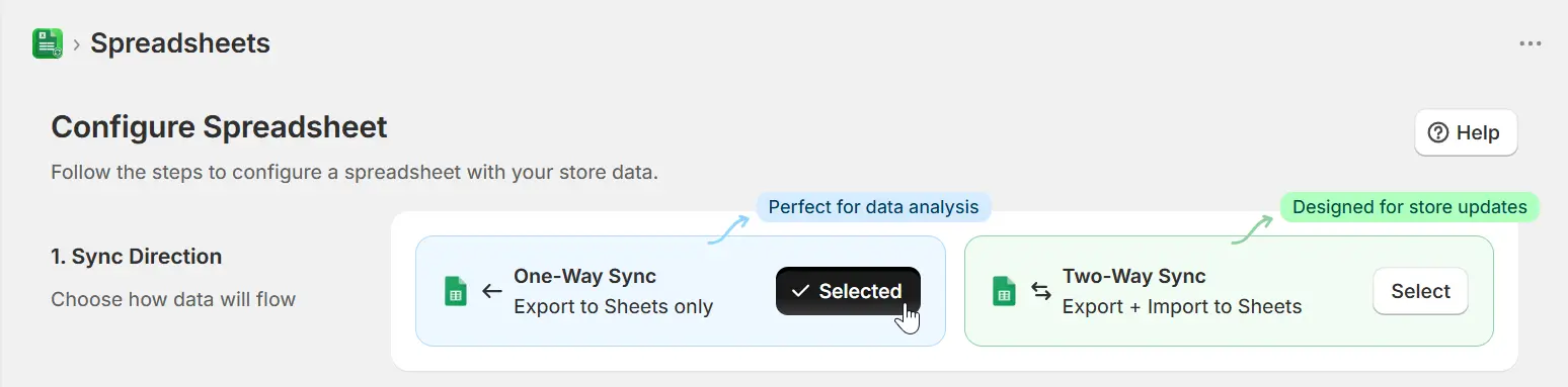 Sync direction step showing One-Way Sync selected
