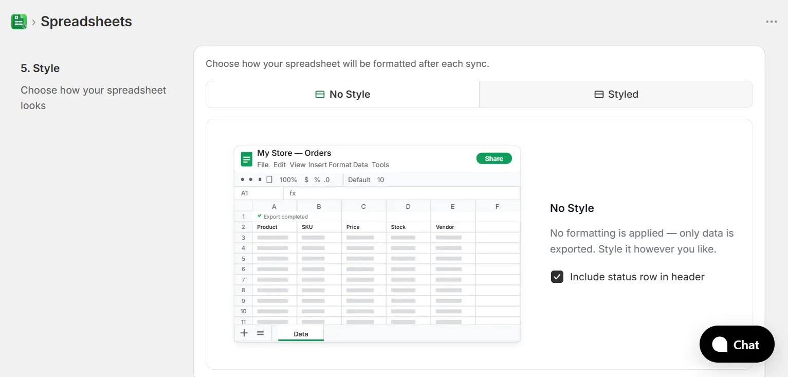Style step with No Style selected showing plain spreadsheet preview