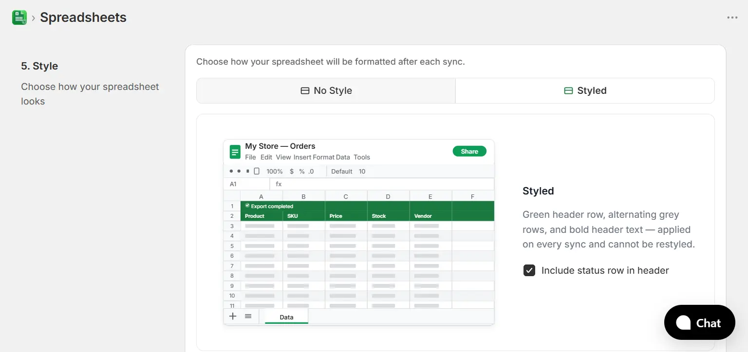 Style step with Styled selected showing green header spreadsheet preview