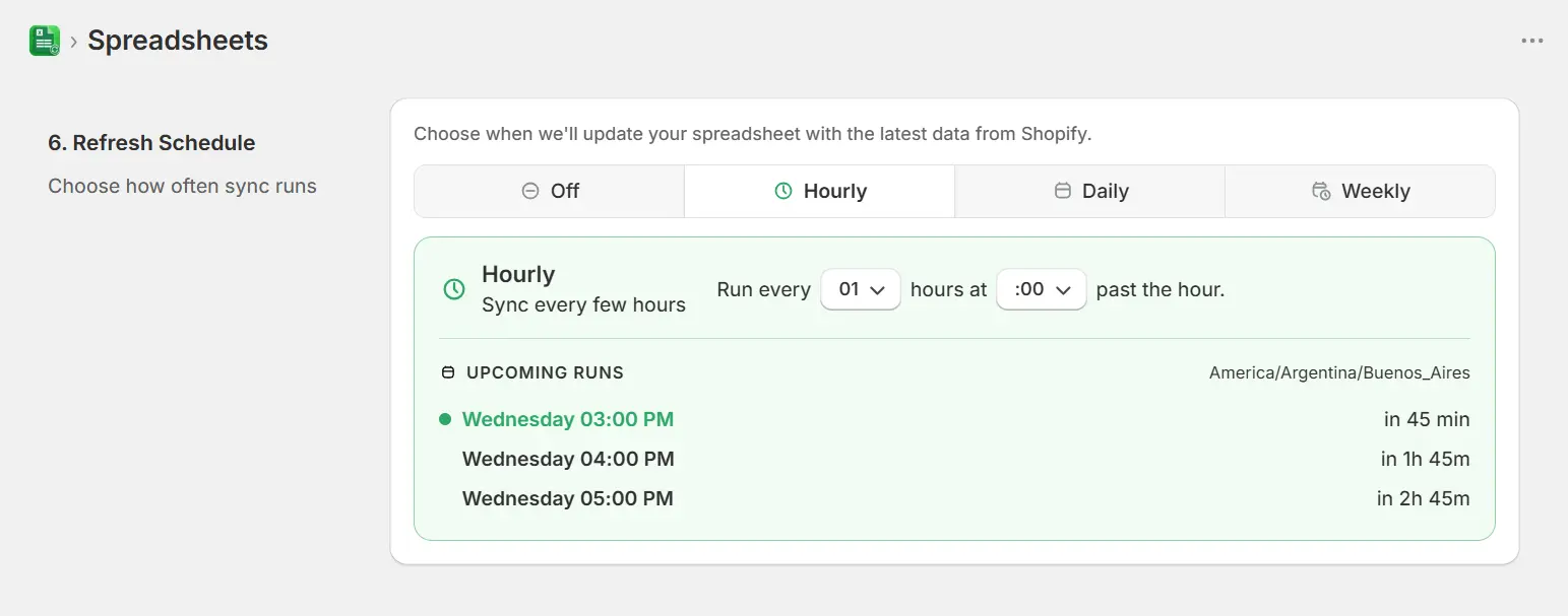 Refresh Schedule step showing Hourly selected with upcoming run times