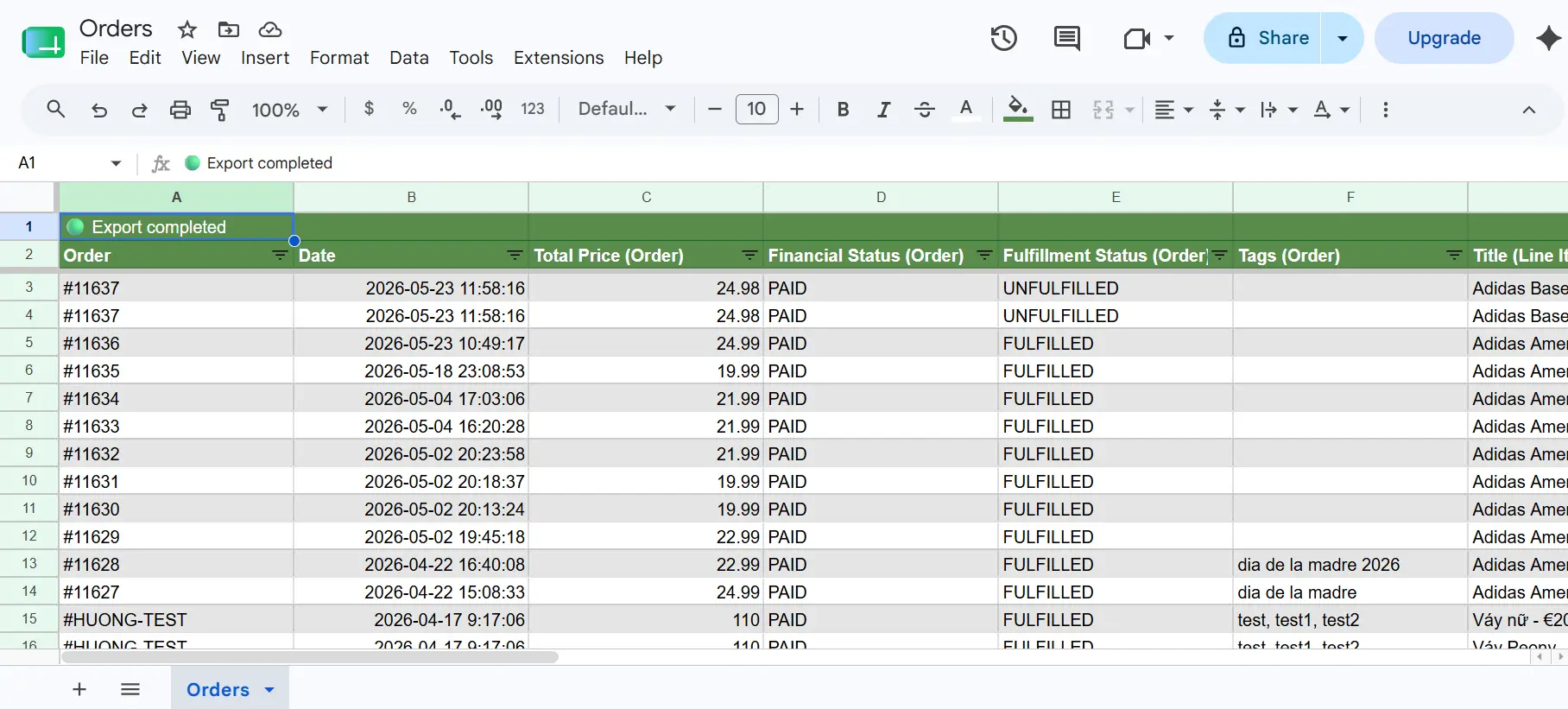 Google Sheet with exported Shopify orders data