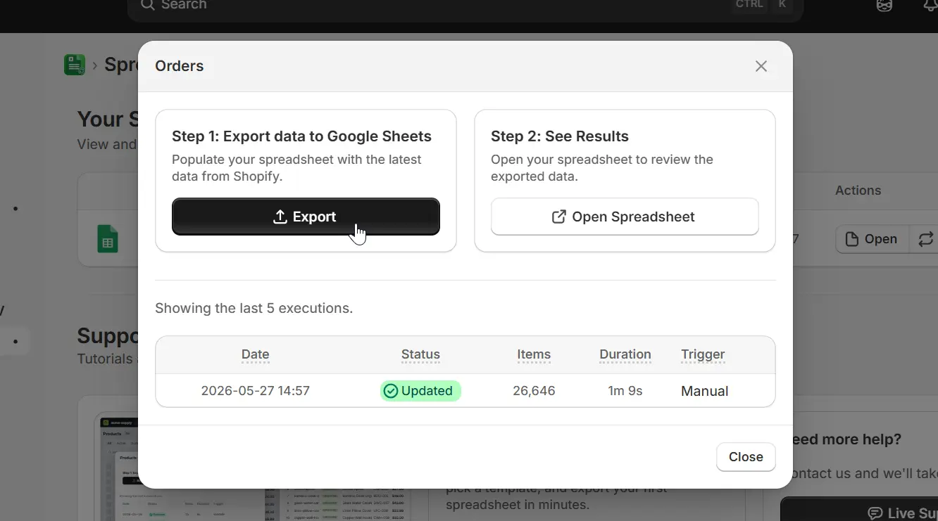 Sync modal showing Export button and last execution history