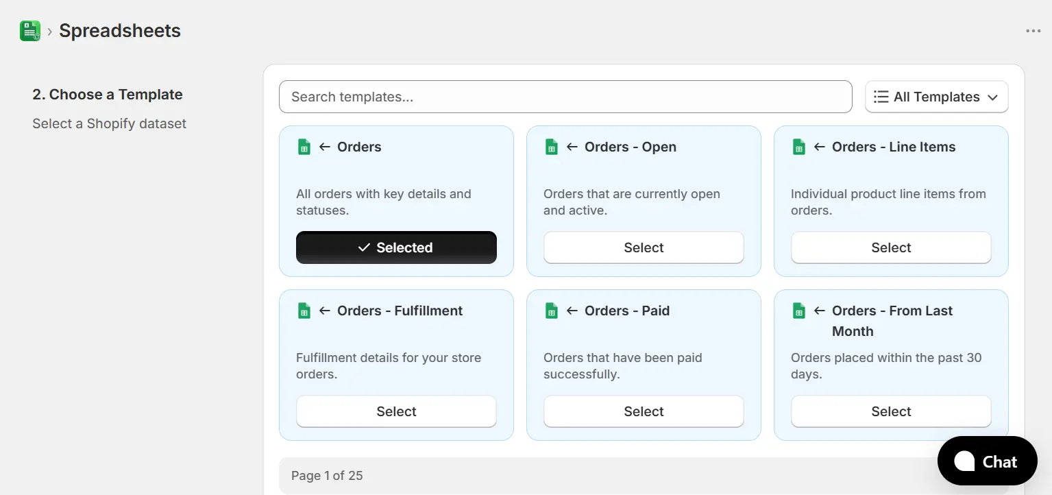 Template selection screen with Orders selected