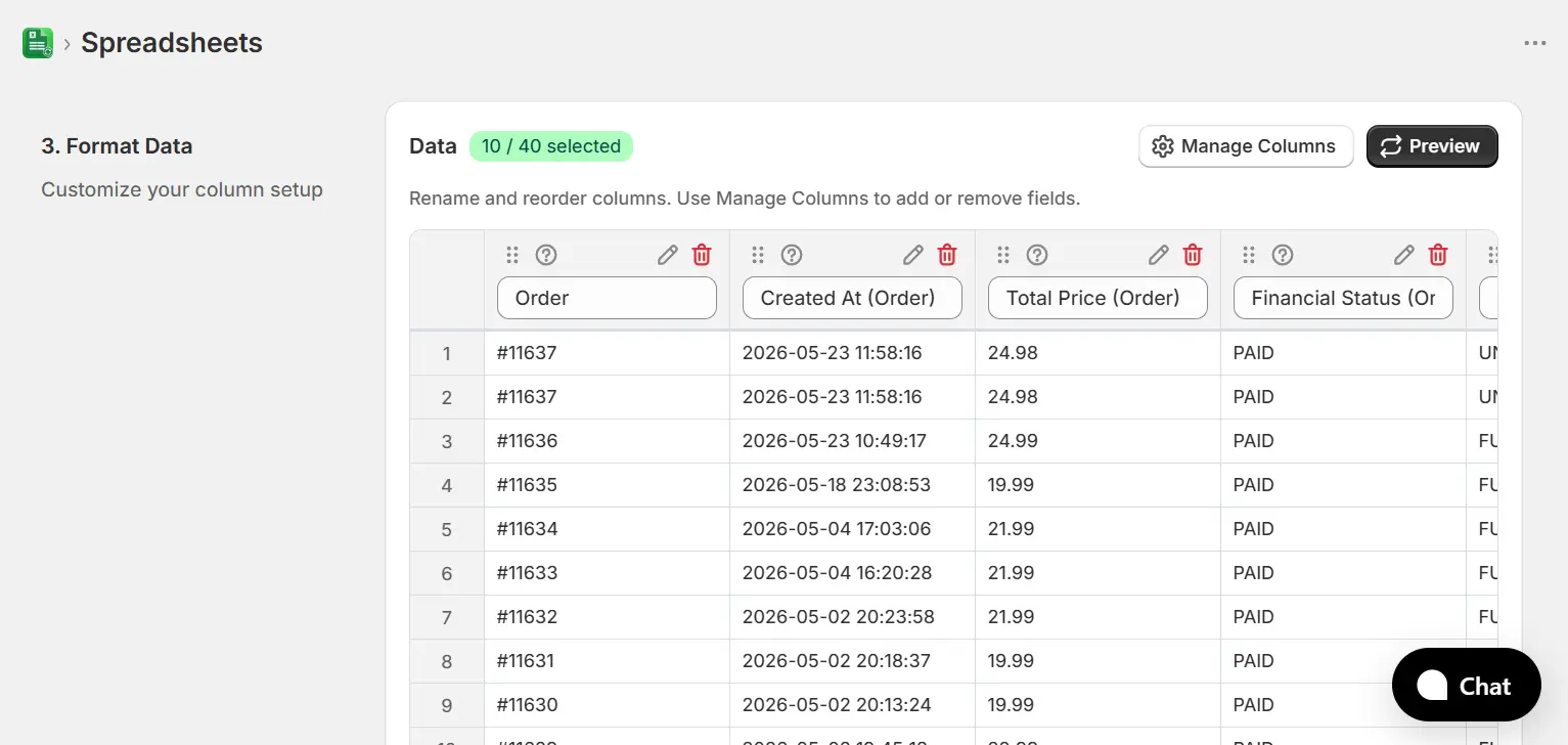 Format Data step showing column preview with live data