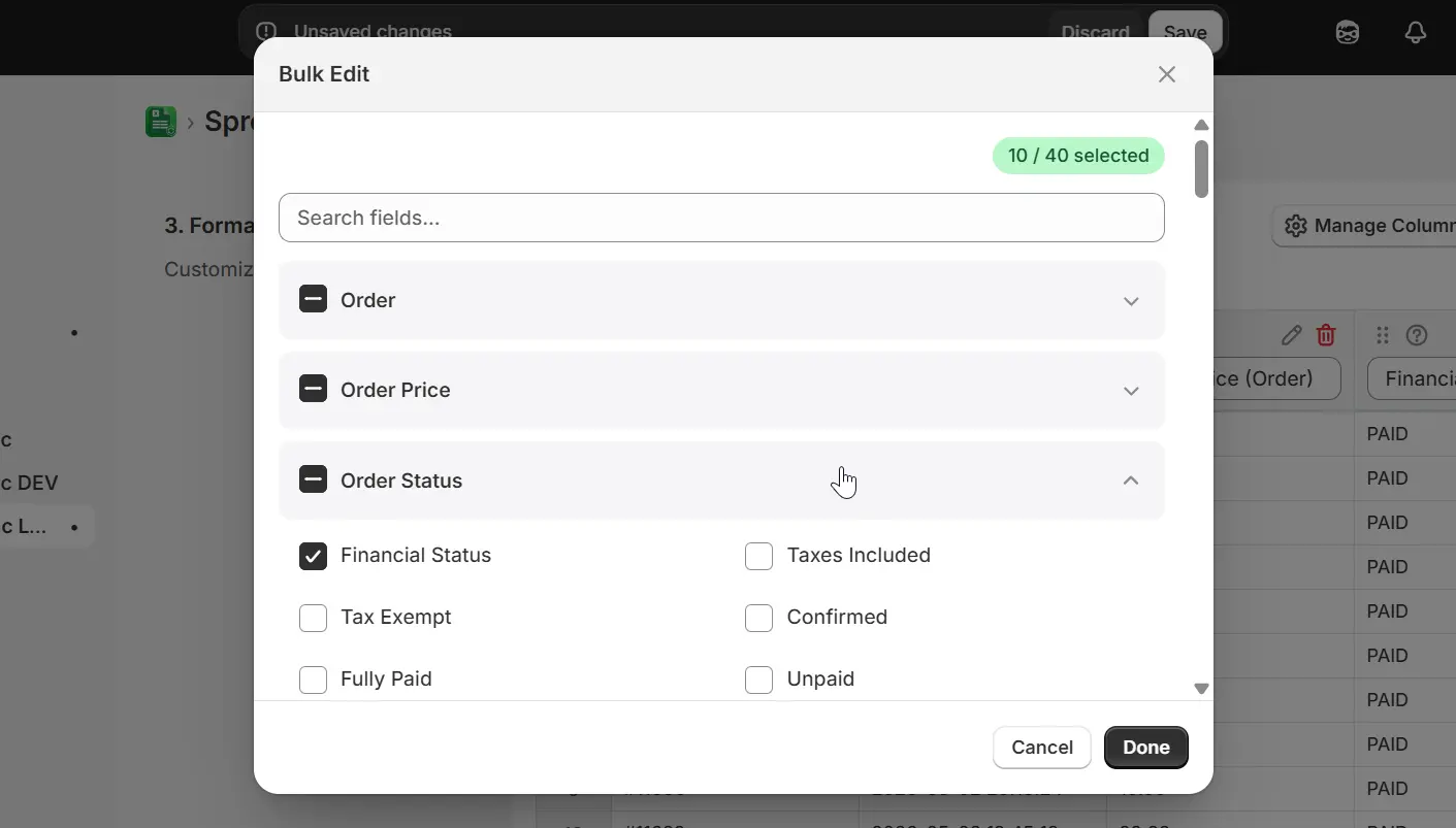 Bulk Edit modal showing field checkboxes grouped by Order